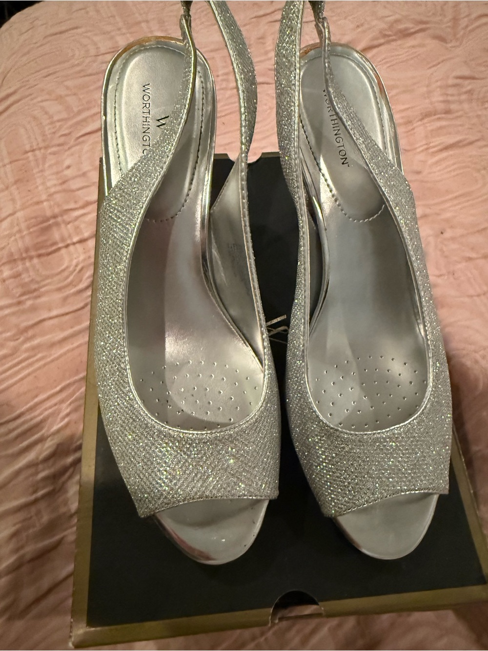 Worthington Silver Glitter Slingback Peep Toe Heels